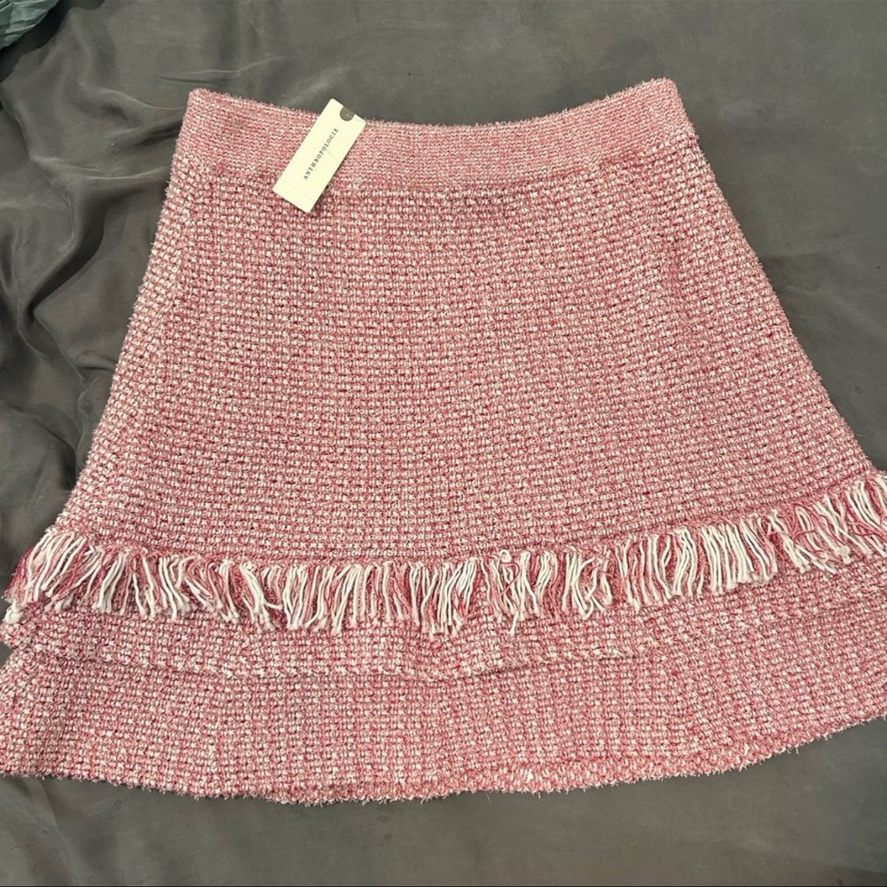 Anthropologie Women’s Pink Tweed Fringe Mini Skirt